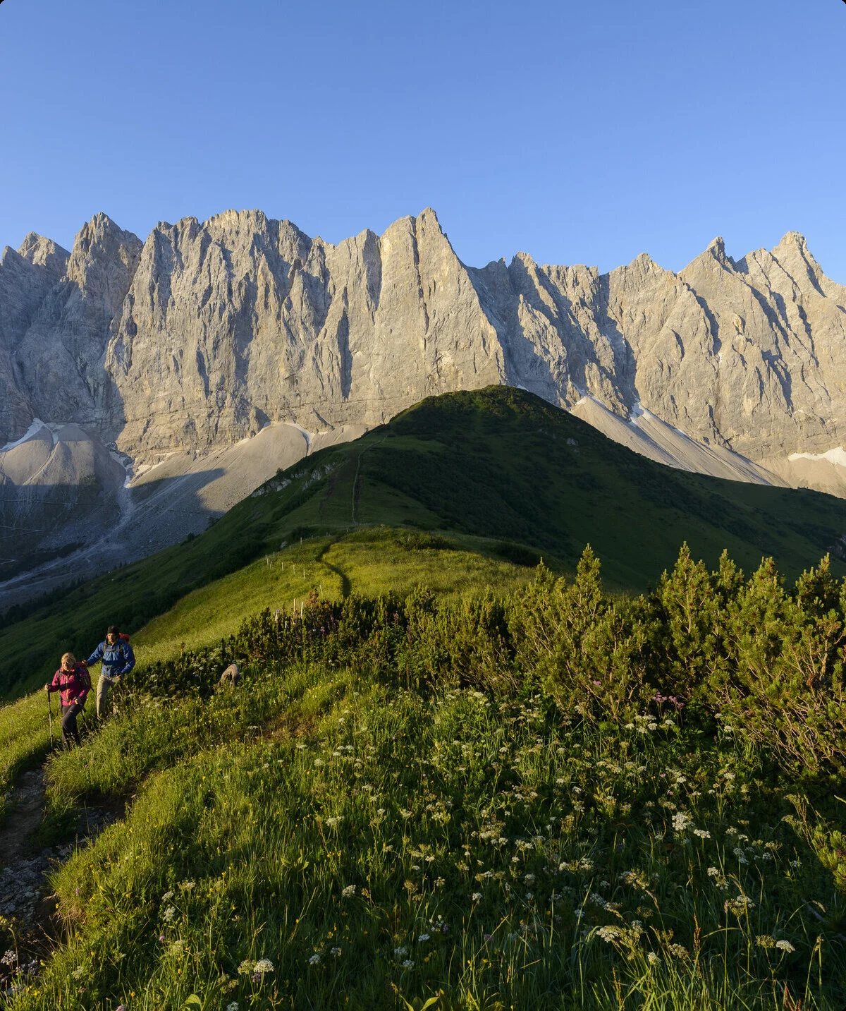 Panoramaaufname von Berggipfeln mit zwei Wanderern | © DAV/Wolfgang Ehn